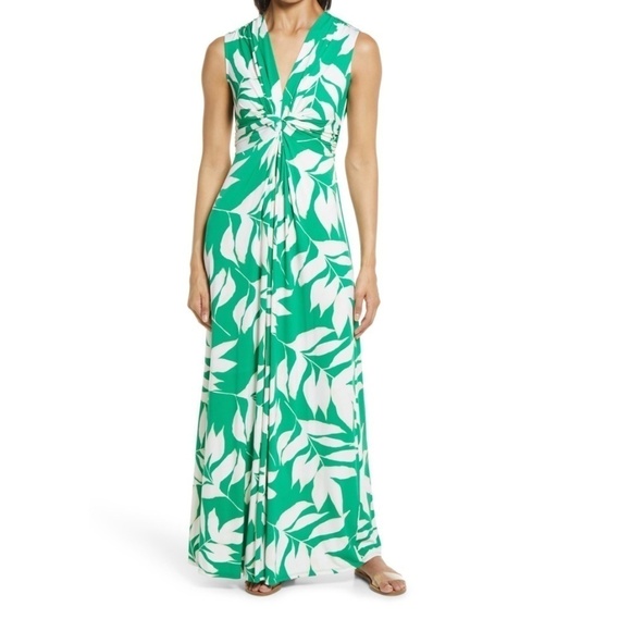 Eliza J Twist Front Leaf Pattern Sleeveless Maxi Dress - Picture 1 of 10